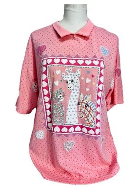 Vintage Spumoni Women’s Large Polo Tee Cat, Giraffe Zebra Large Loose Fit